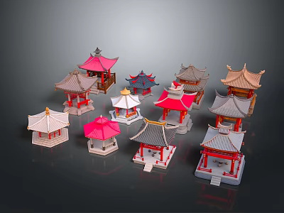 Traditional Chinese Pavilion Models With Various Colored Roofs And Architectural Details 3d model