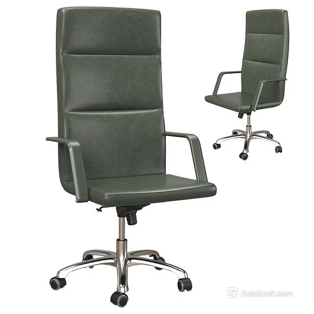 Dark Green Leather Office Chair With Armrests And Metal Base On Wheels 3d model 