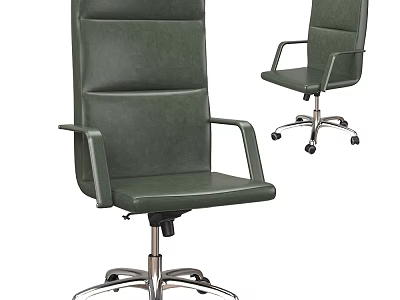 Dark Green Leather Office Chair With Armrests And Metal Base On Wheels 3d model