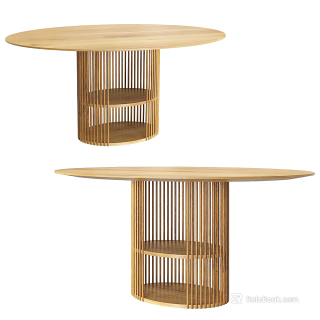 Round Wooden Dining Table Featuring Slatted Leg Structure and Lower Storage Shelves 3d model