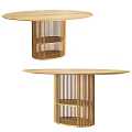 Round Wooden Dining Table Featuring Slatted Leg Structure and Lower Storage Shelves 3d model