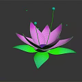 Vibrant Pink Lotus Shaped Flower With Green Leaves Blue Dots And Reflection On Dark Background