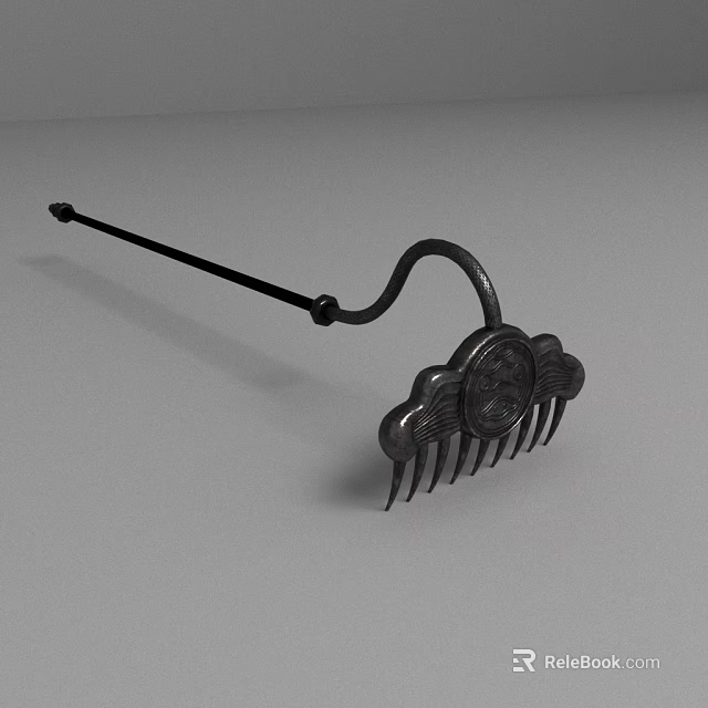 Traditional Black Metal Comb With Long Handle And Ornate Carved Design 3d model 