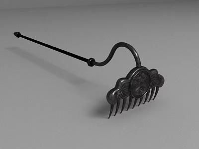 Traditional Black Metal Comb With Long Handle And Ornate Carved Design 3d model