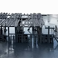 Dilapidated Wooden House With Weathered Frame And Waterfront Platform Structure