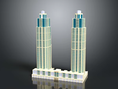 Cartoon Style Tall Buildings Symmetric Skyscrapers With Blue White Facades And Connected Base Structure 3d model
