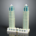 Cartoon Style Tall Buildings Symmetric Skyscrapers With Blue White Facades And Connected Base Structure
