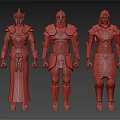 Three Fantasy Characters In Different Ornate Golden Armor With Red White Details