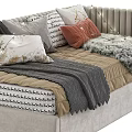 Elegant Upholstered Beds With Colorful Decorative Pillows Soft Blankets And Striped Mattress