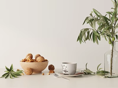 Decorative Ornament Set Including Wooden Bowl Walnuts White Cup Saucer Spoon Green Leaves Glass Vase 3d model