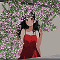White Wall Adorned With Purple Flower Vines And Girl In Red Dress