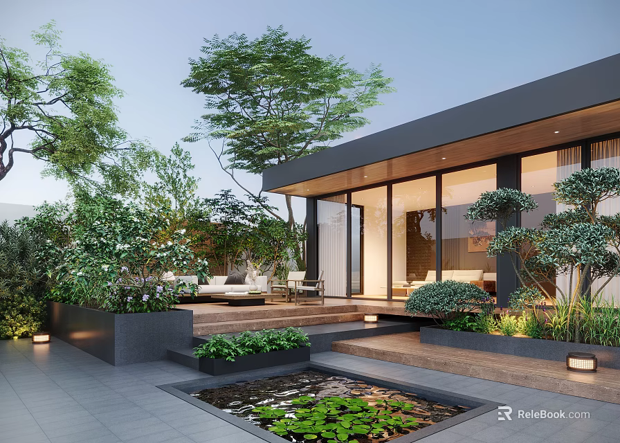 Modern Garden Courtyard With Glass Wall House Greenery Water Pond Steps And Outdoor Lighting 3d model 