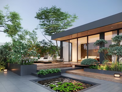 Modern Garden Courtyard With Glass Wall House Greenery Water Pond Steps And Outdoor Lighting 3d model
