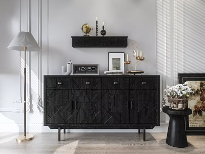 Black Console Table With Decorative Items Photo Frame Clock And Candle Holders In Modern Interior 3d model