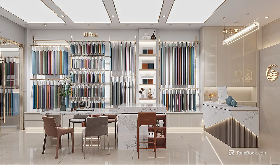Modern Curtain Fabric Showroom With Various Fabric Samples On Display Shelves And Marble Countertop 3d model 