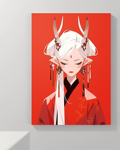 Elegant Character Portrait With White Hair Horns Red Traditional Attire Red Background And Hair Accessories 3d model