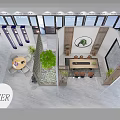 Modern Interior Space Featuring White Pillar Lattice Screen Green Plants Round Table And Laptop