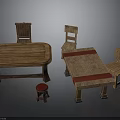 Rustic Wooden Furniture Set With Tables Chairs And Red Stool Design