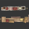 Ornate Wooden and Stone Daybeds with Striped Red Cushions and Carved Details