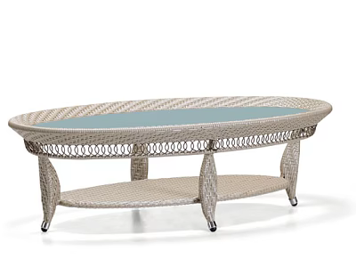 Oval Two Tier Coffee Table With Glass Top Rattan Frame And Metal Legs 3d model