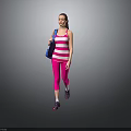 Sporty Female Wearing Striped Tank Top Pink Leggings Purple Sneakers And Blue Backpack