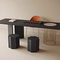 Modern Black Wooden Tea Table With Orange Chair Hexagonal Stools And Tea Set 3d model