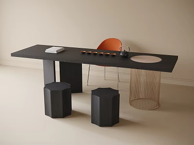 Modern Black Wooden Tea Table With Orange Chair Hexagonal Stools And Tea Set 3d model