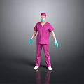 Man in Purple Scrubs with Surgical Cap Face Mask and Blue Gloves