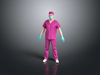 Man in Purple Scrubs with Surgical Cap Face Mask and Blue Gloves 3d model