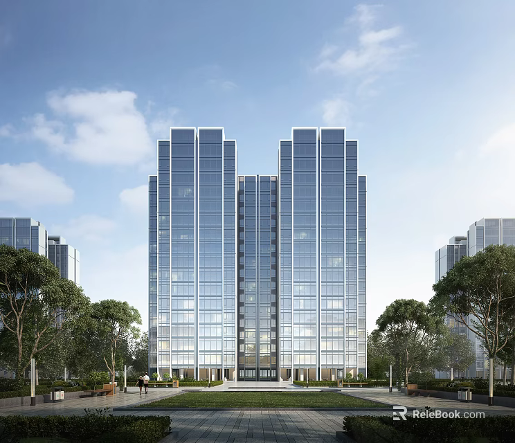Modern High Rise Residential Building With Glass Curtain Walls And Surrounding Greenery Under Blue Sky 3d model 