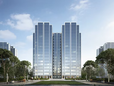 Modern High Rise Residential Building With Glass Curtain Walls And Surrounding Greenery Under Blue Sky 3d model
