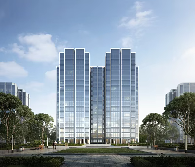 Modern High Rise Residential Building With Glass Curtain Walls And Surrounding Greenery Under Blue Sky 3d model