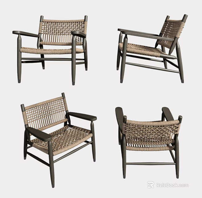 Leisure Chairs With Woven Design Wooden Arms Sturdy Legs And Natural Style 3d model 
