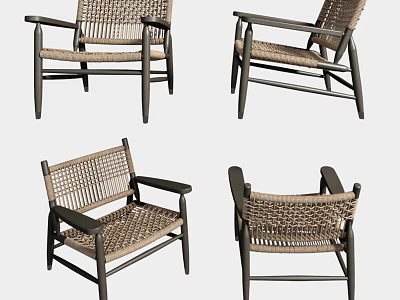Leisure Chairs With Woven Design Wooden Arms Sturdy Legs And Natural Style 3d model