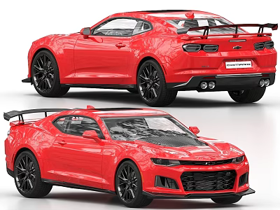 Red Camaro Sports Car With Rear Spoiler And Black Wheels Exterior Design 3d model