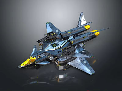 Sci Fi Fighter Jet Model With Blue Gray Body Yellow Accents And Mechanical Wings 3d model