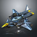 Sci Fi Fighter Jet Model With Blue Gray Body Yellow Accents And Mechanical Wings