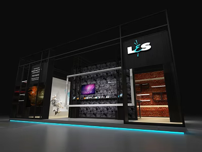 LES Exhibition Booth With Glass Facade Digital Screen Brick Wall Decor And LED Lighting 3d model