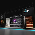 LES Exhibition Booth With Glass Facade Digital Screen Brick Wall Decor And LED Lighting