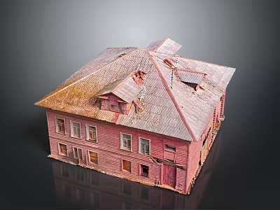 Vintage Cartoon Scene Featuring Weathered Red House with Rusty Roof and Windows 3d model