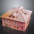 Vintage Cartoon Scene Featuring Weathered Red House with Rusty Roof and Windows