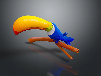 Toucan with Blue Body and Yellow Orange Beak Perched on Orange Branch Against Gray Background 3d model