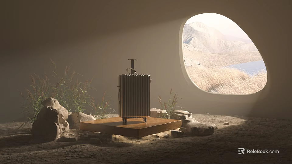 Stylish Travel Suitcase On Wooden Platform By Oval Window With Mountains And Lake View 3d model 