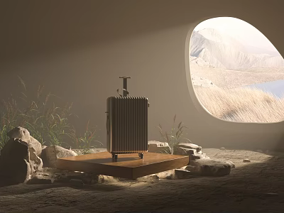 Stylish Travel Suitcase On Wooden Platform By Oval Window With Mountains And Lake View 3d model