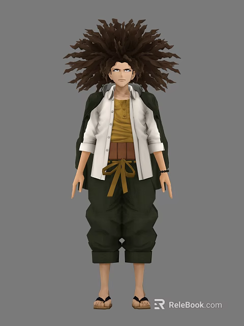 Man With Long Wild Hair Wearing White Coat Yellow Shirt And Dark Pants 3d model 