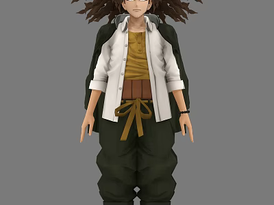 Man With Long Wild Hair Wearing White Coat Yellow Shirt And Dark Pants 3d model