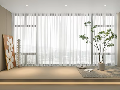 White Sheer Curtains For Large Window Interior Design With Decorative Plant And Art 3d model