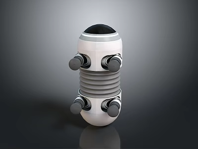 White And Gray Cylindrical Mechanical Robot Character With Circular Joints And Dark Background 3d model