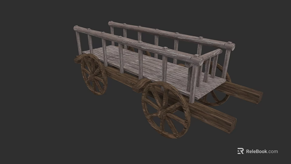 Vintage Wooden Cart With Large Wheels Railing And Wooden Platform Design 3d model 