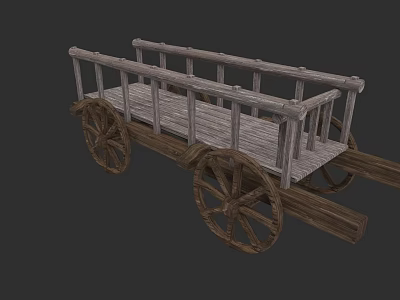 Vintage Wooden Cart With Large Wheels Railing And Wooden Platform Design 3d model